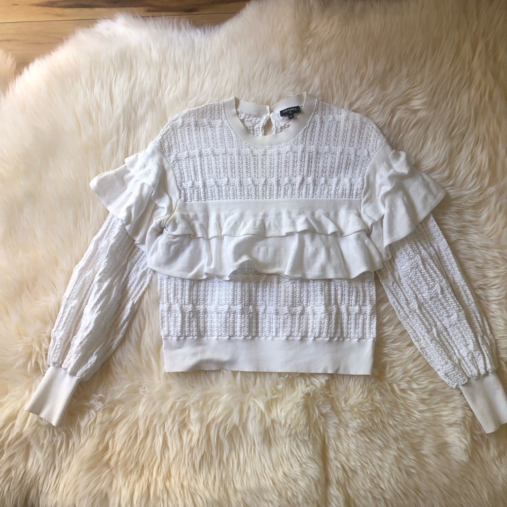 Chanel 2018 white cotton ruffle top pullover 40